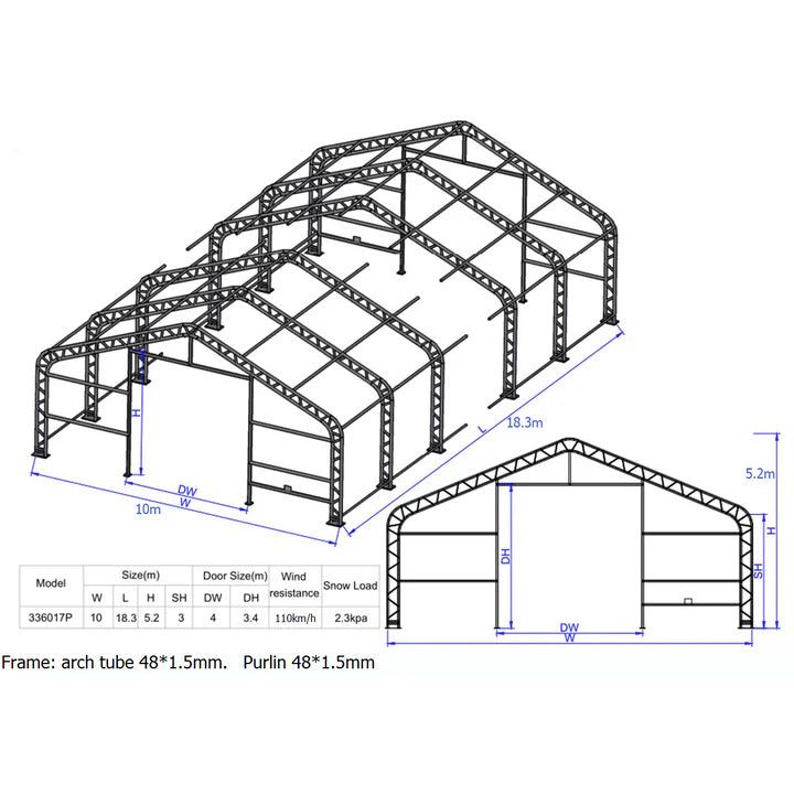 Noliktavas ar divslīpu jumtu/ir iekļautas ritošās priekšējās un aizmugurējās durvis 3,66x3,66 m/ 10x18.3x5.2m /Cena bez PVN: €9512