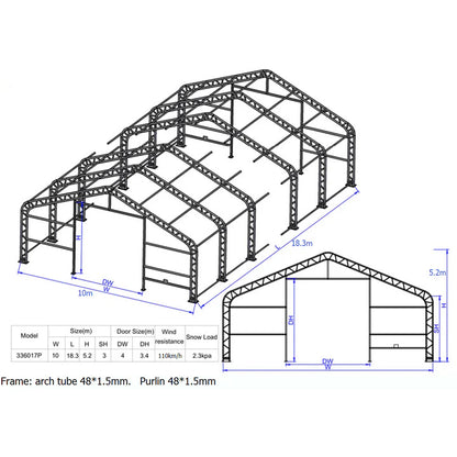 Noliktavas ar divslīpu jumtu/ir iekļautas ritošās priekšējās un aizmugurējās durvis 3,66x3,66 m/ 10x18.3x5.2m /Cena bez PVN: €9512